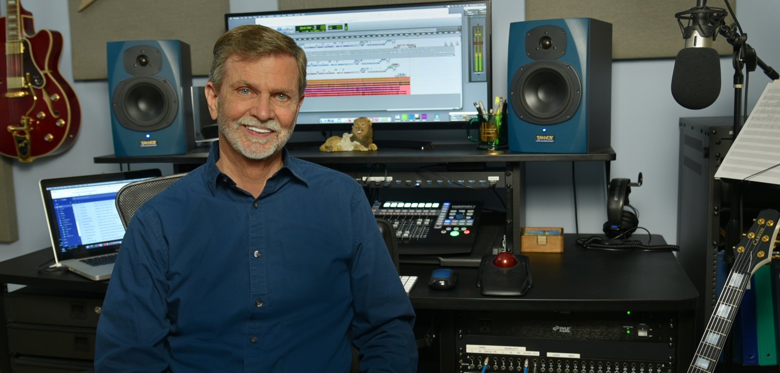 Dennis Leake at the mixing console in his home studio